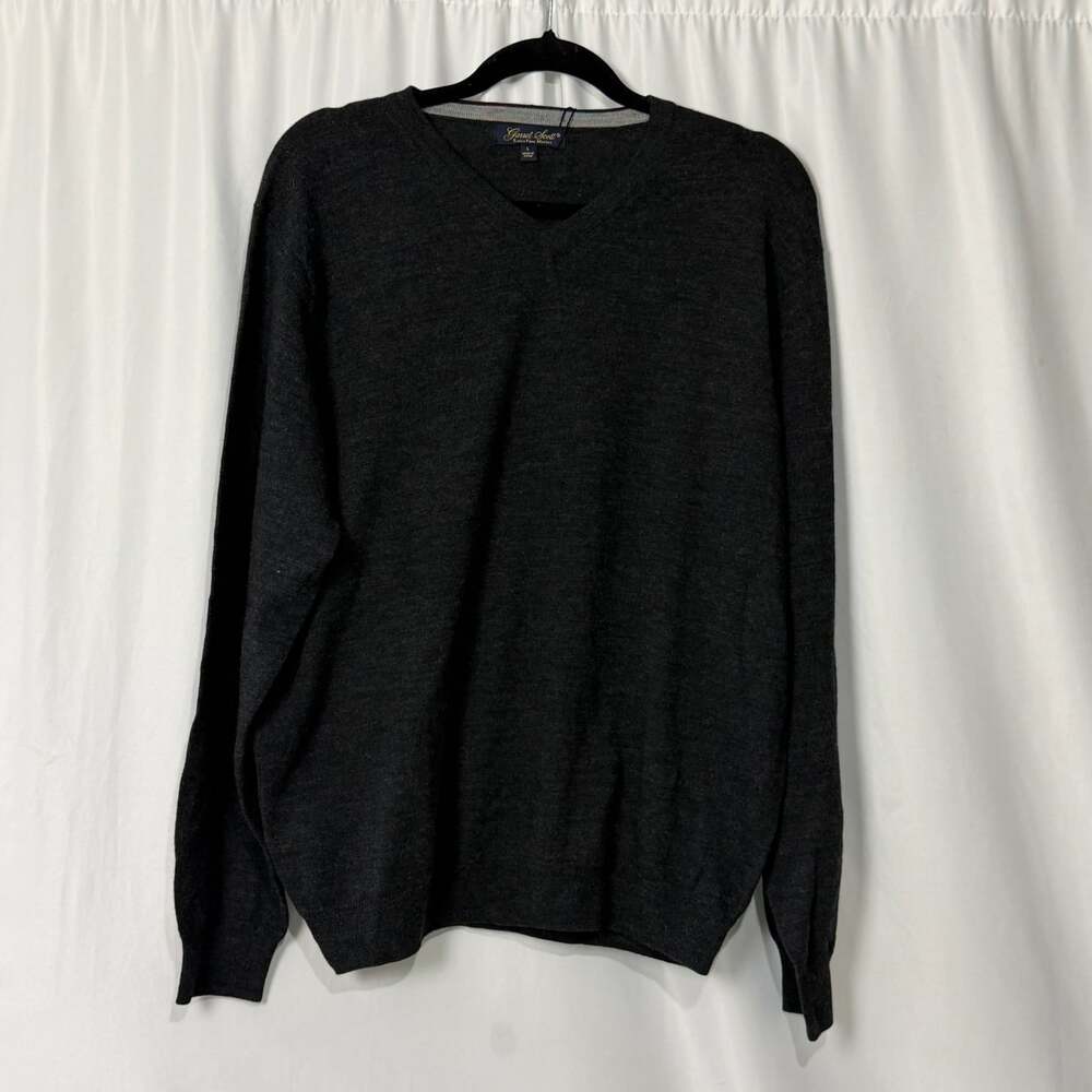 NWT Garret Scott Mens Sweater Large L Gray 100% Extra Fine Merino Wool V-Neck